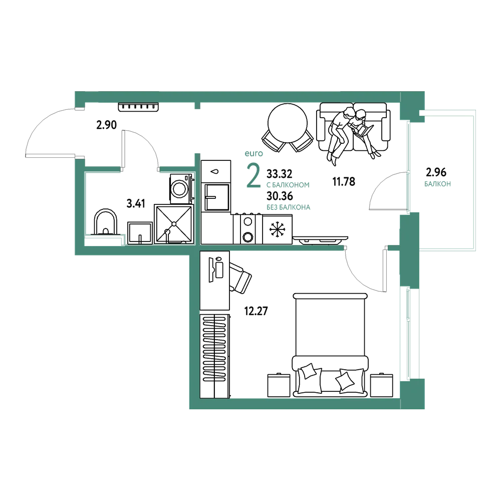 Планировка: Евродвушка 33,04 м²