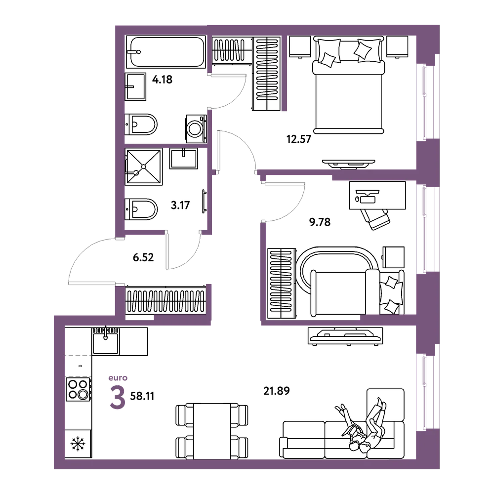 Планировка: Евротрёшка 58,11 м²