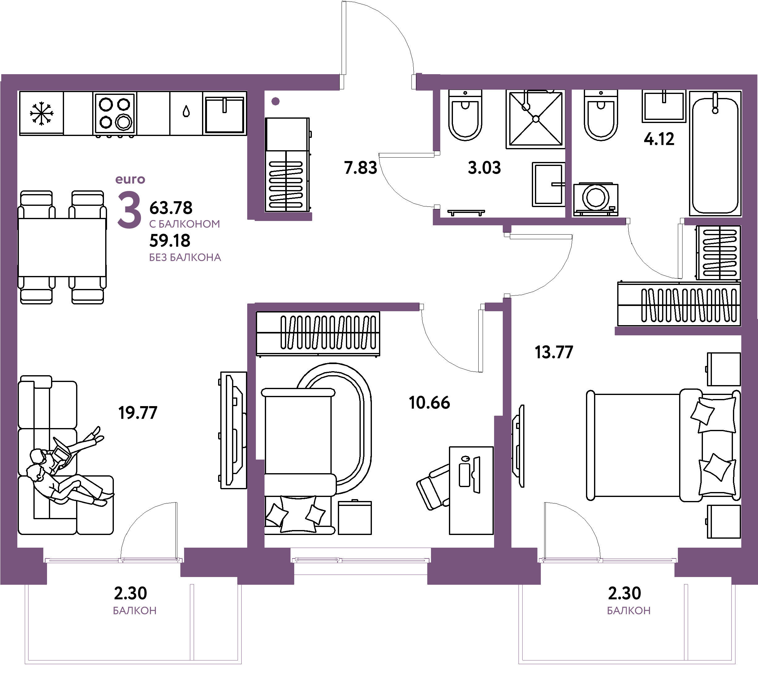 Планировка: Евротрёшка 63,78 м² в ЖК «Европейский берег 2.0»