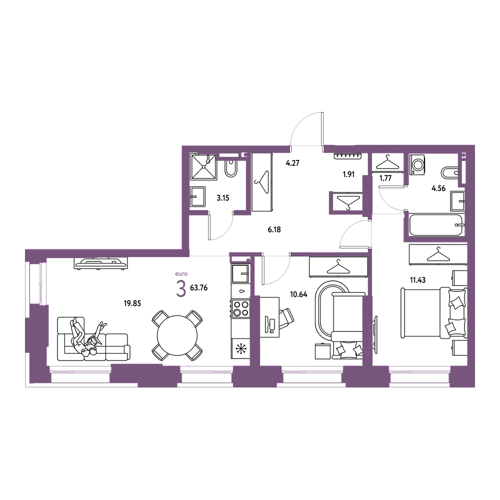 Планировка: Евротрёшка 63,76 м²