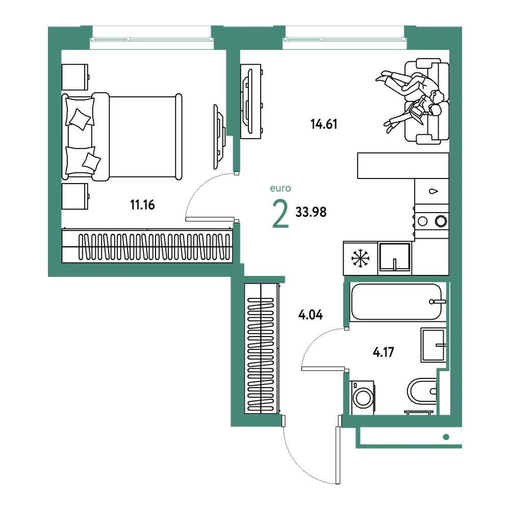 Планировка: Евродвушка 33,98 м²