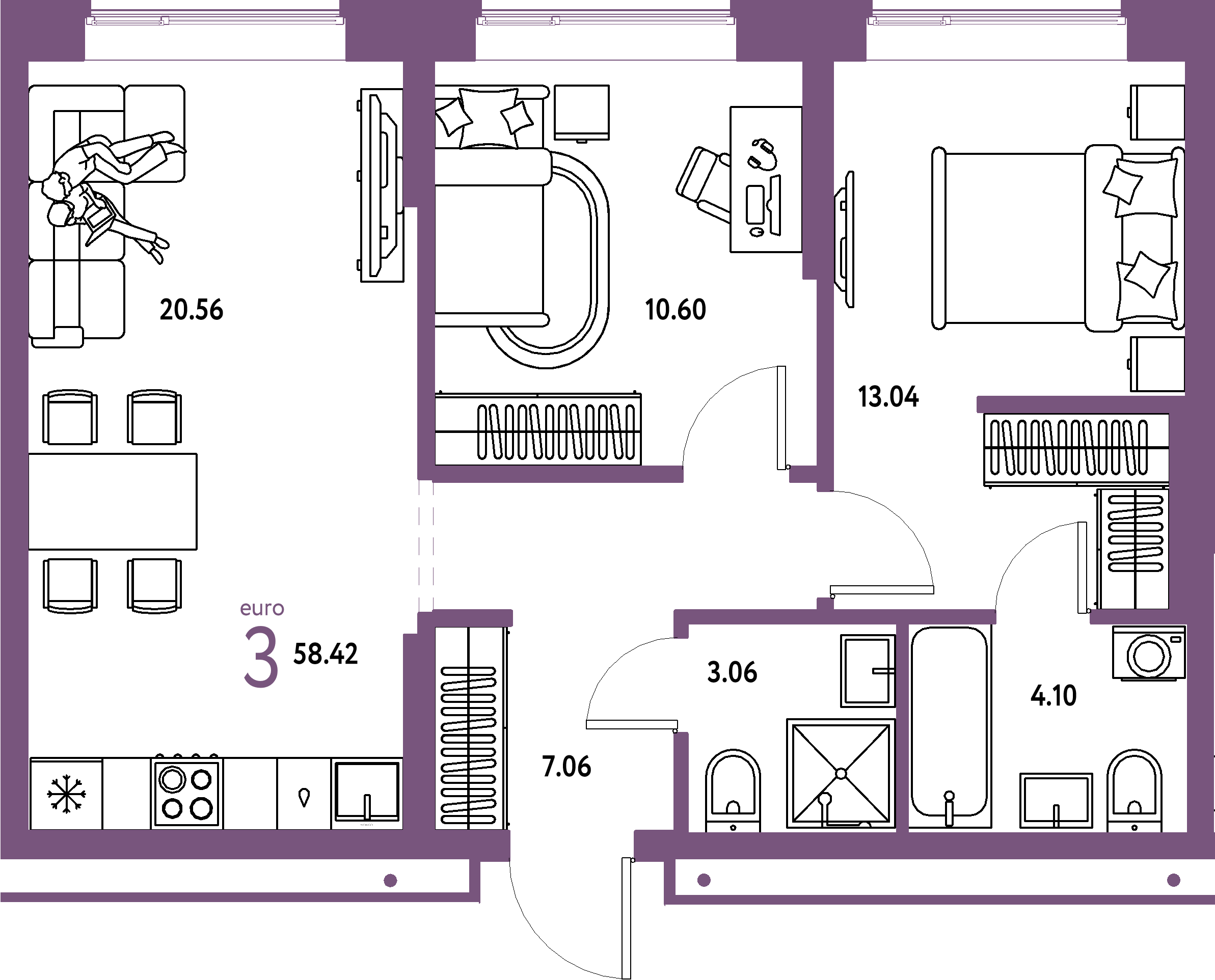 Планировка: Евротрёшка 58,42 м² в ЖК «Домашний»