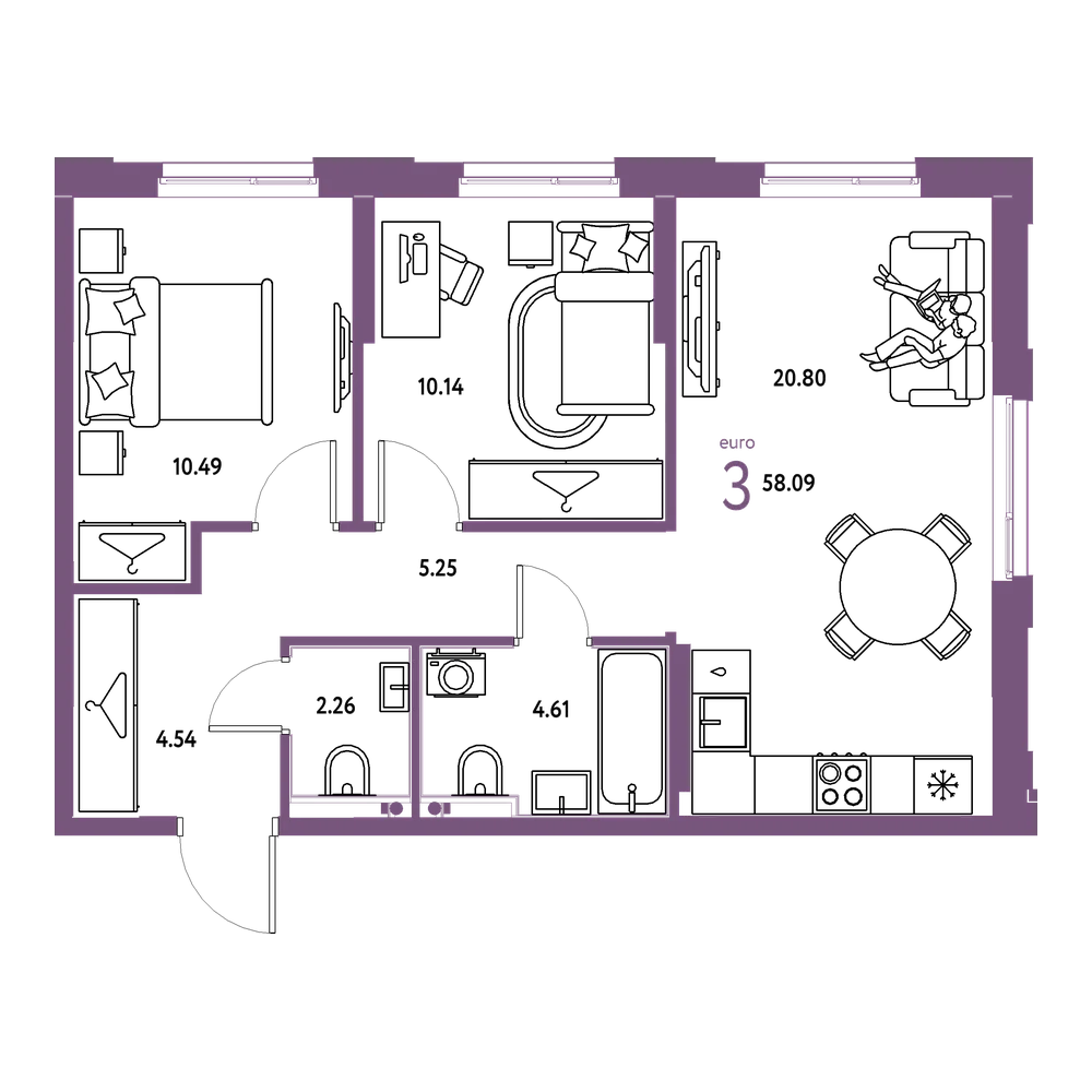 Планировка: Евротрёшка 58,09 м²