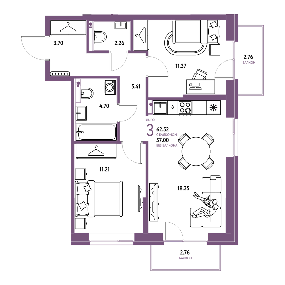 Планировка: Евротрёшка 62,52 м²