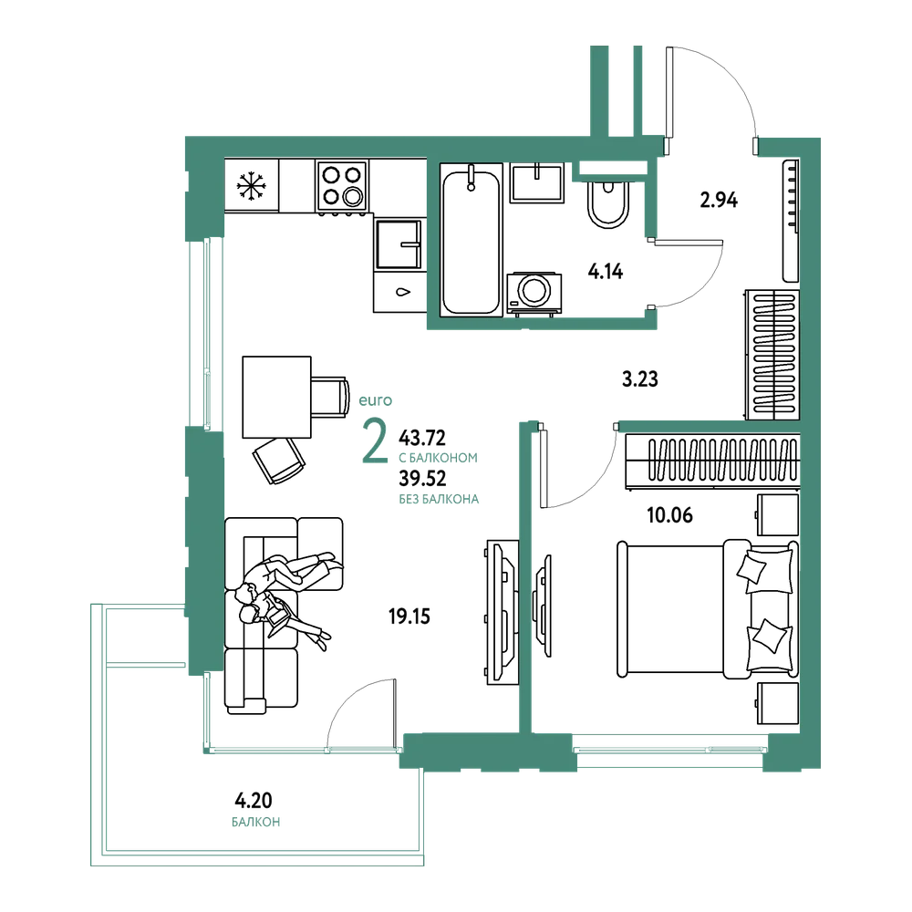 Планировка: Евродвушка 43,72 м²
