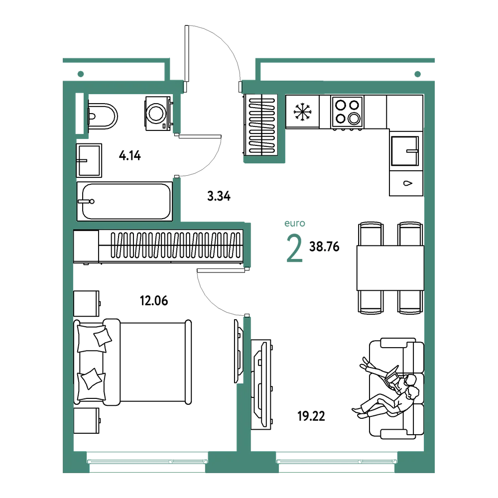Планировка: Евродвушка 38,76 м²