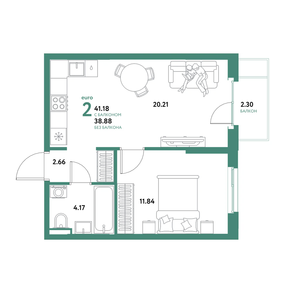 Планировка: Евродвушка 41,18 м²
