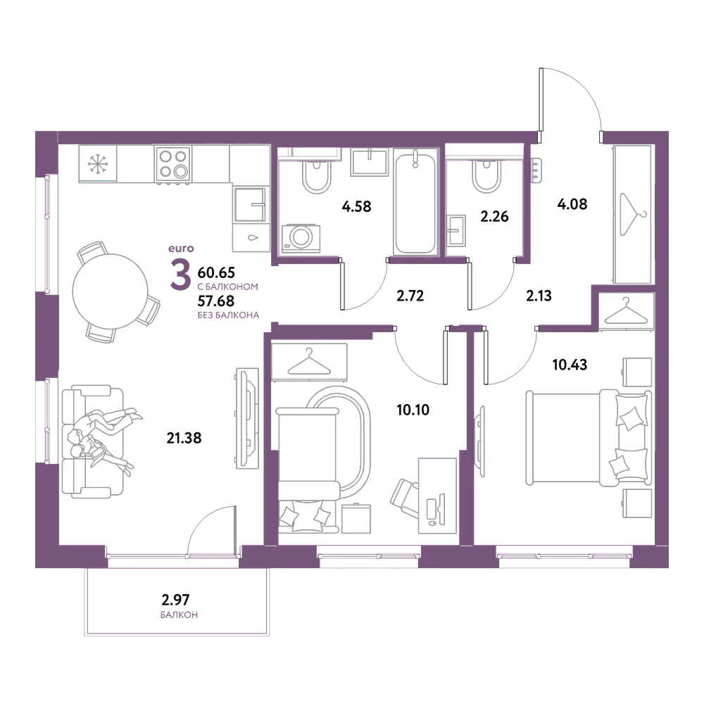 Планировка: Евротрёшка 60,65 м²