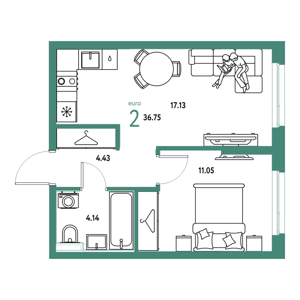Планировка: Евродвушка 36,75 м²