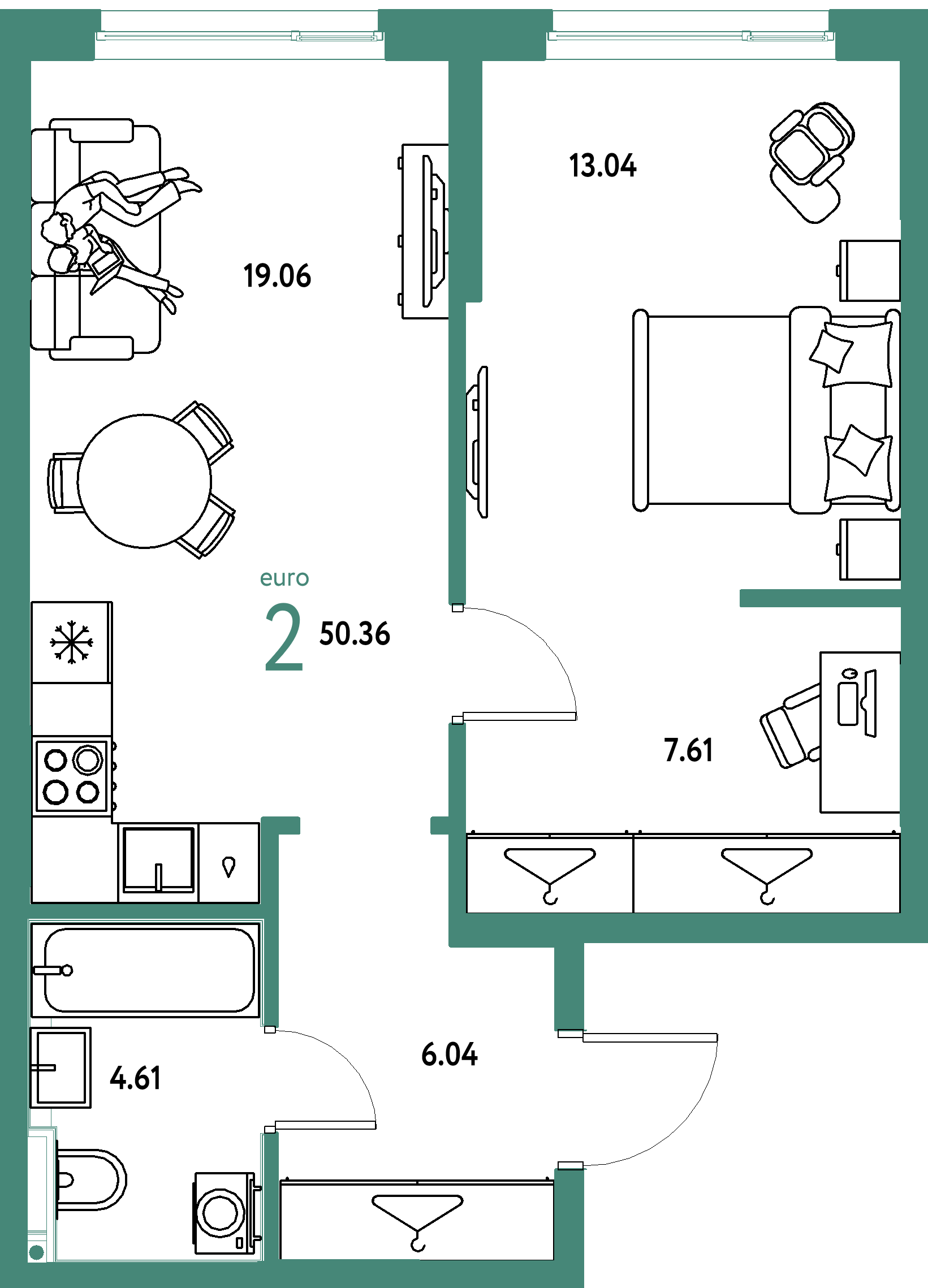 Планировка: Евродвушка 50,36 м² в ЖК «Страна.Прибрежная»