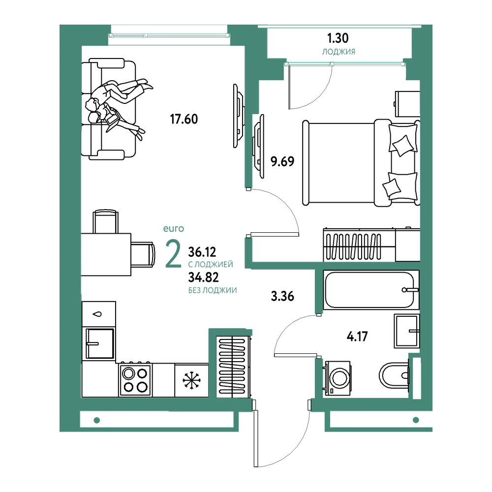 Планировка: Евродвушка 36,12 м²