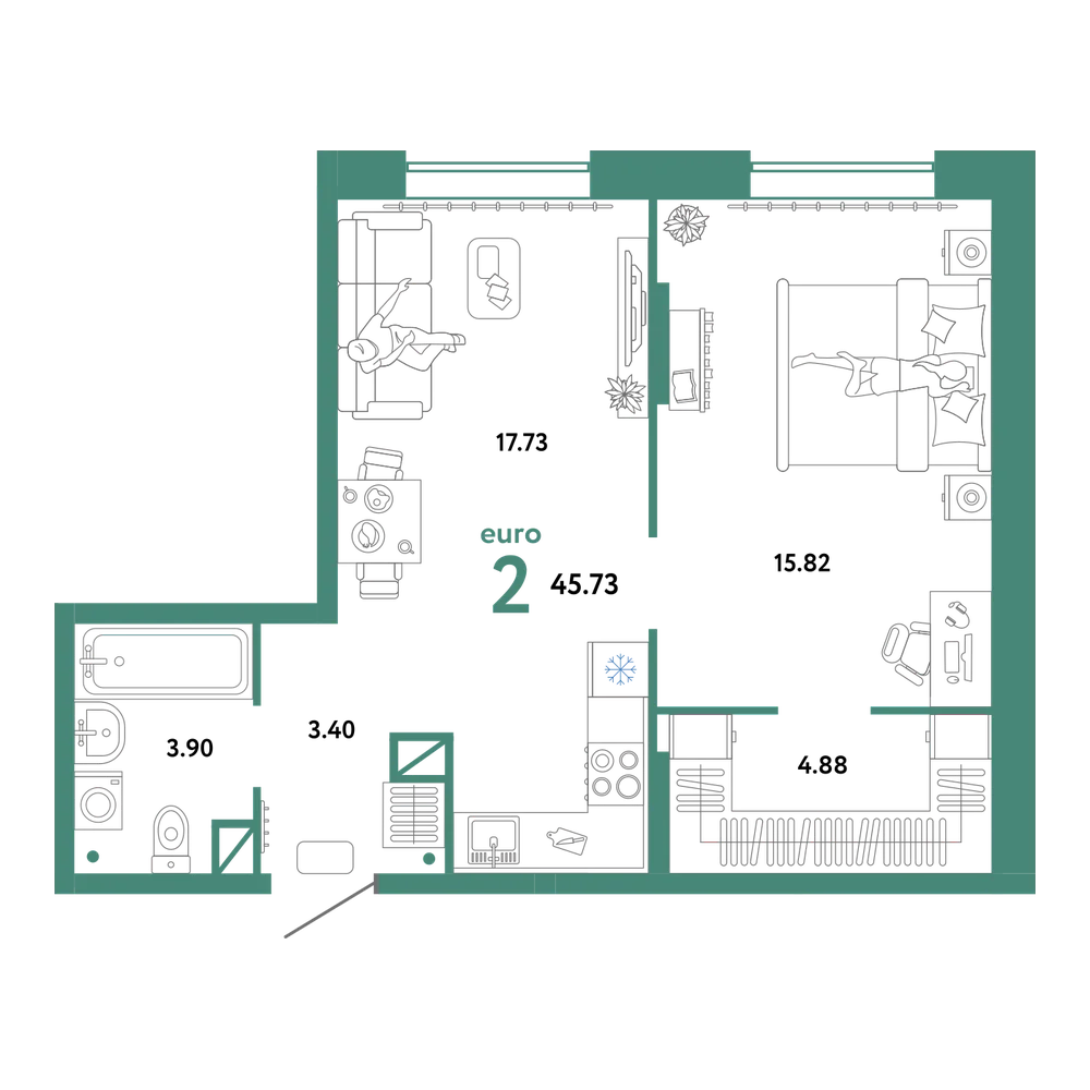 Планировка: Евродвушка 45,73 м²