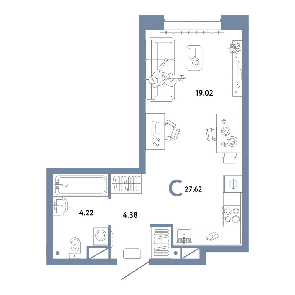Планировка: Студия 27,62 м²