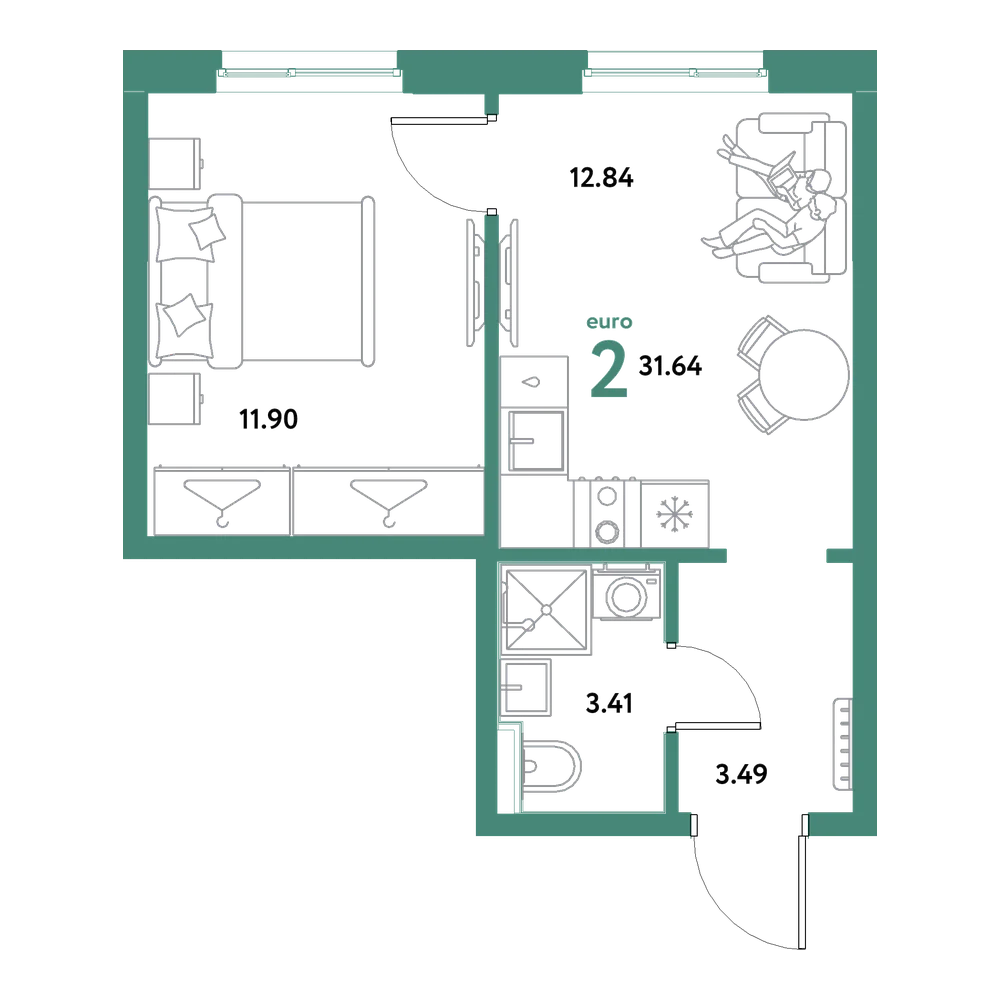 Планировка: Евродвушка 31,64 м²