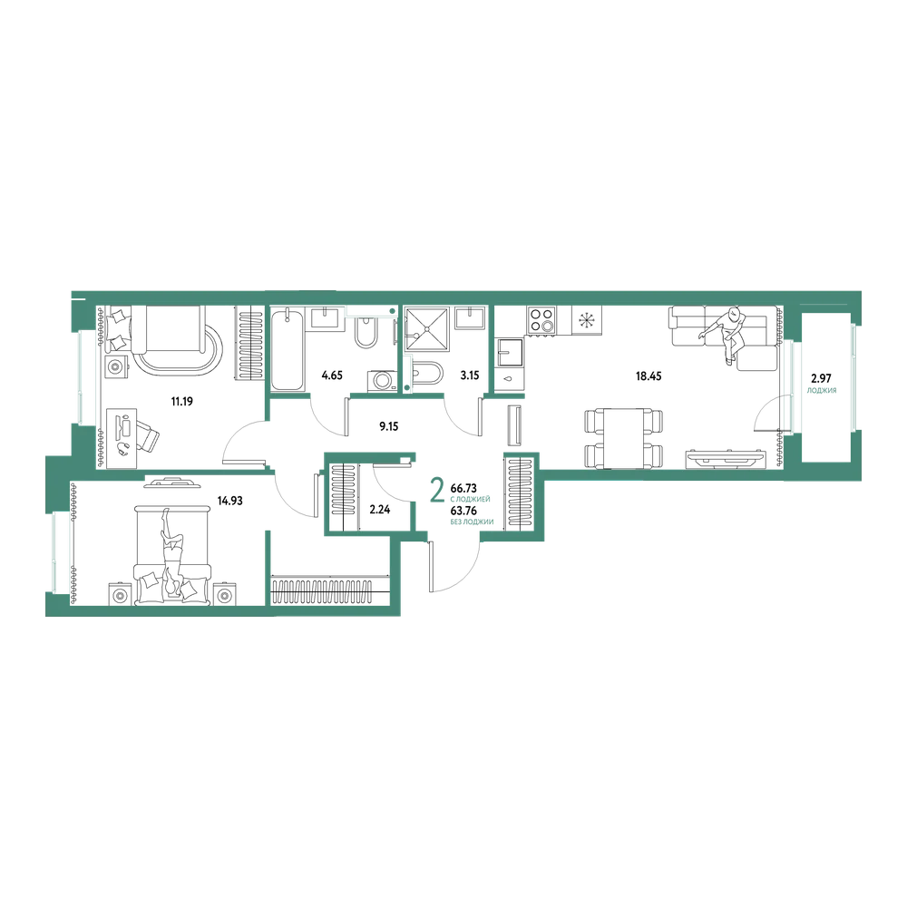 Планировка: 2-комнатная 66,73 м²