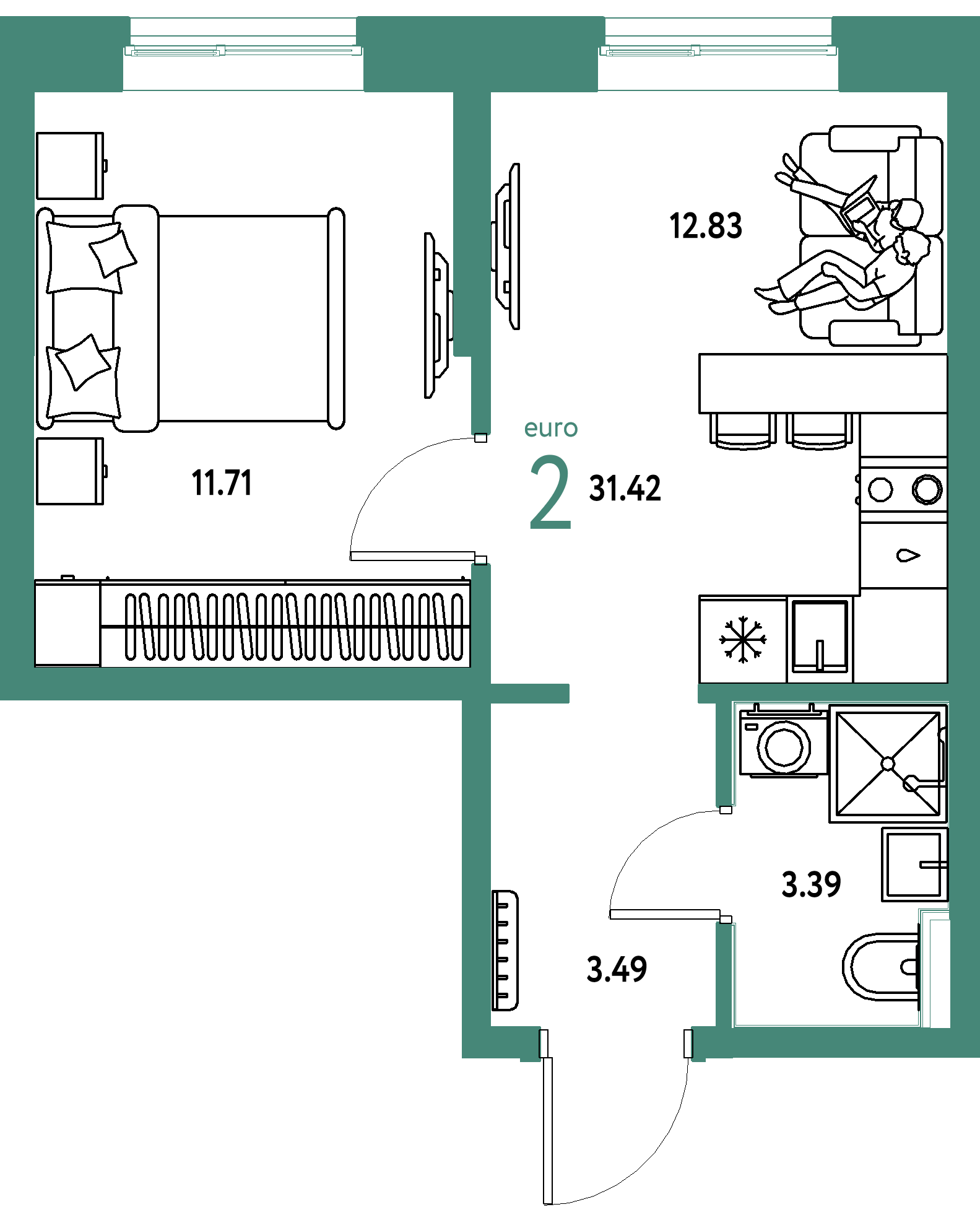 Планировка: Евродвушка 31,42 м² в ЖК «Остров-сад»