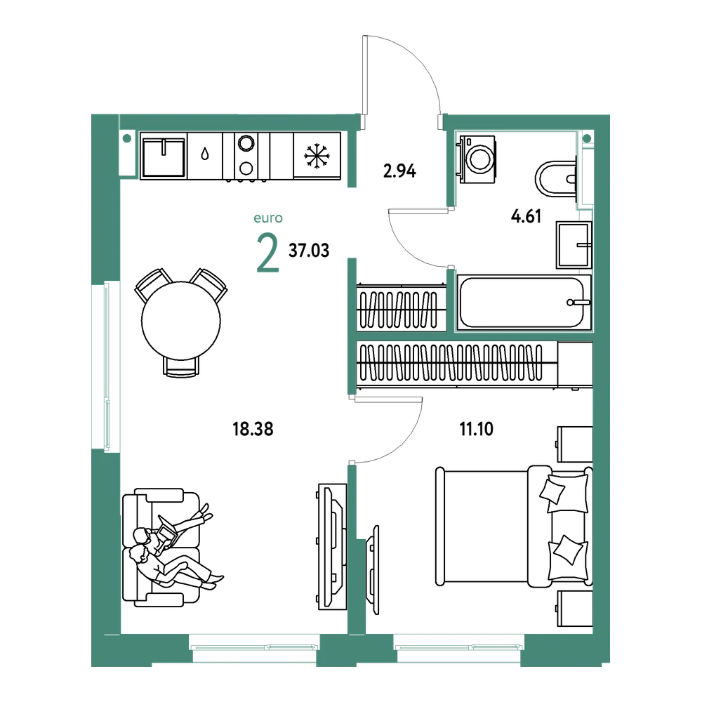 Планировка: Евродвушка 37,03 м²
