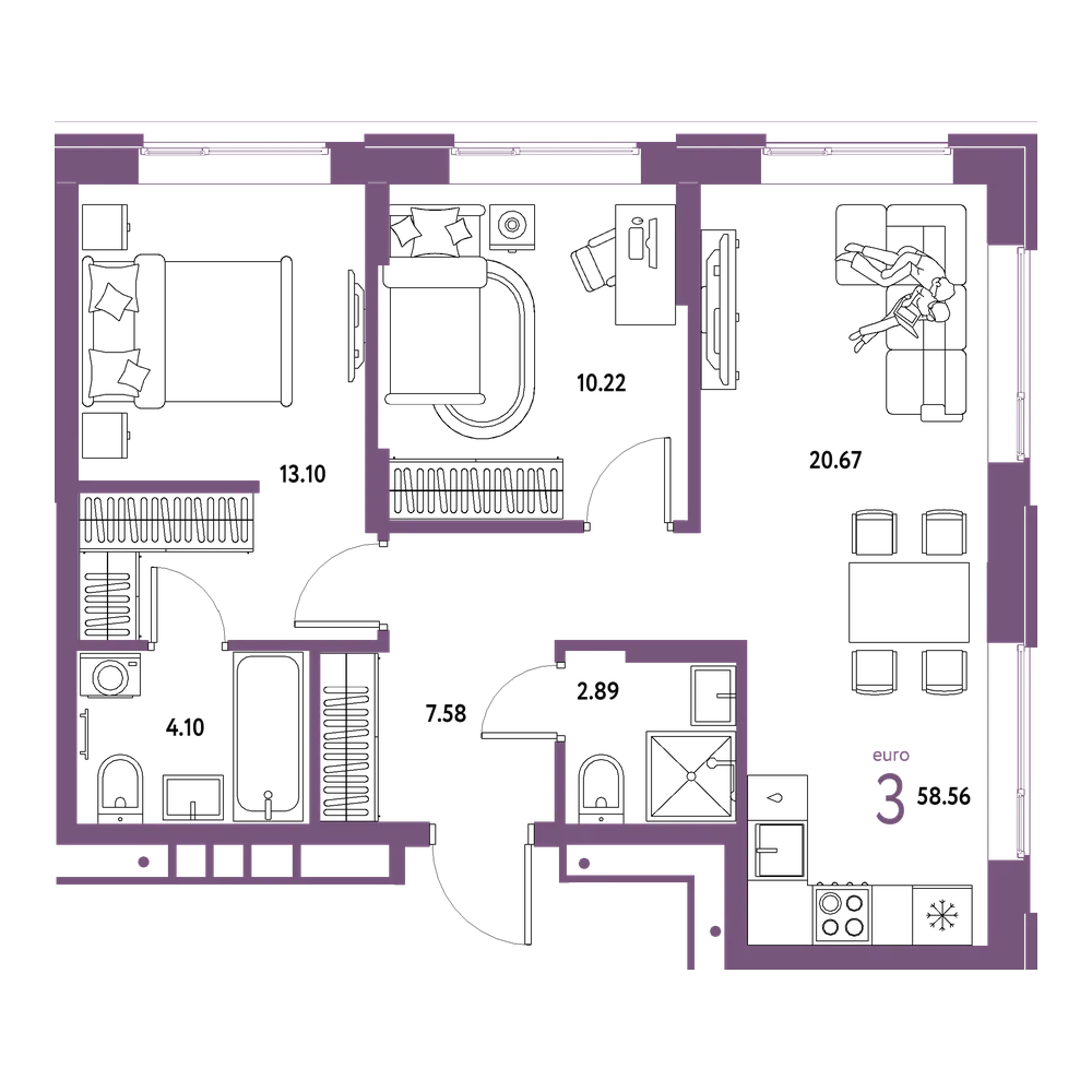 Планировка: Евротрёшка 58,56 м²