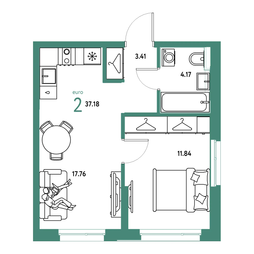 Планировка: Евродвушка 37,18 м²