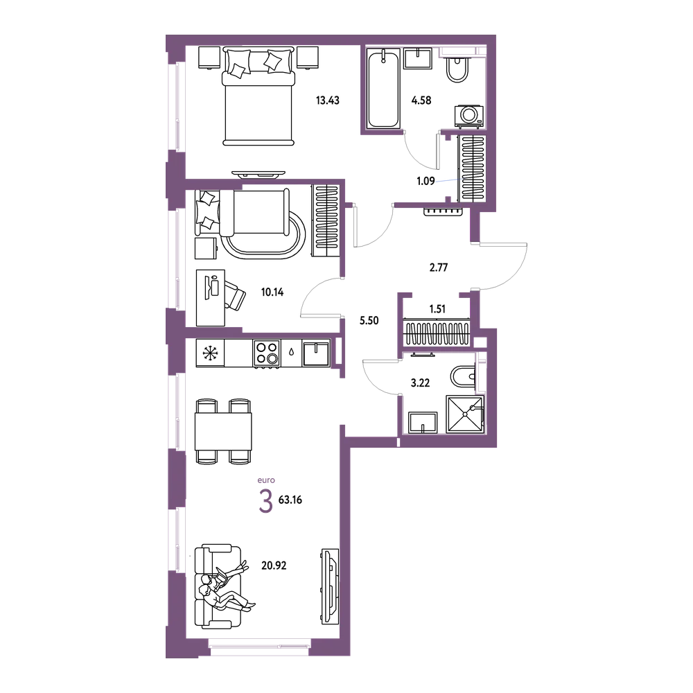 Планировка: Евротрёшка 63,16 м²