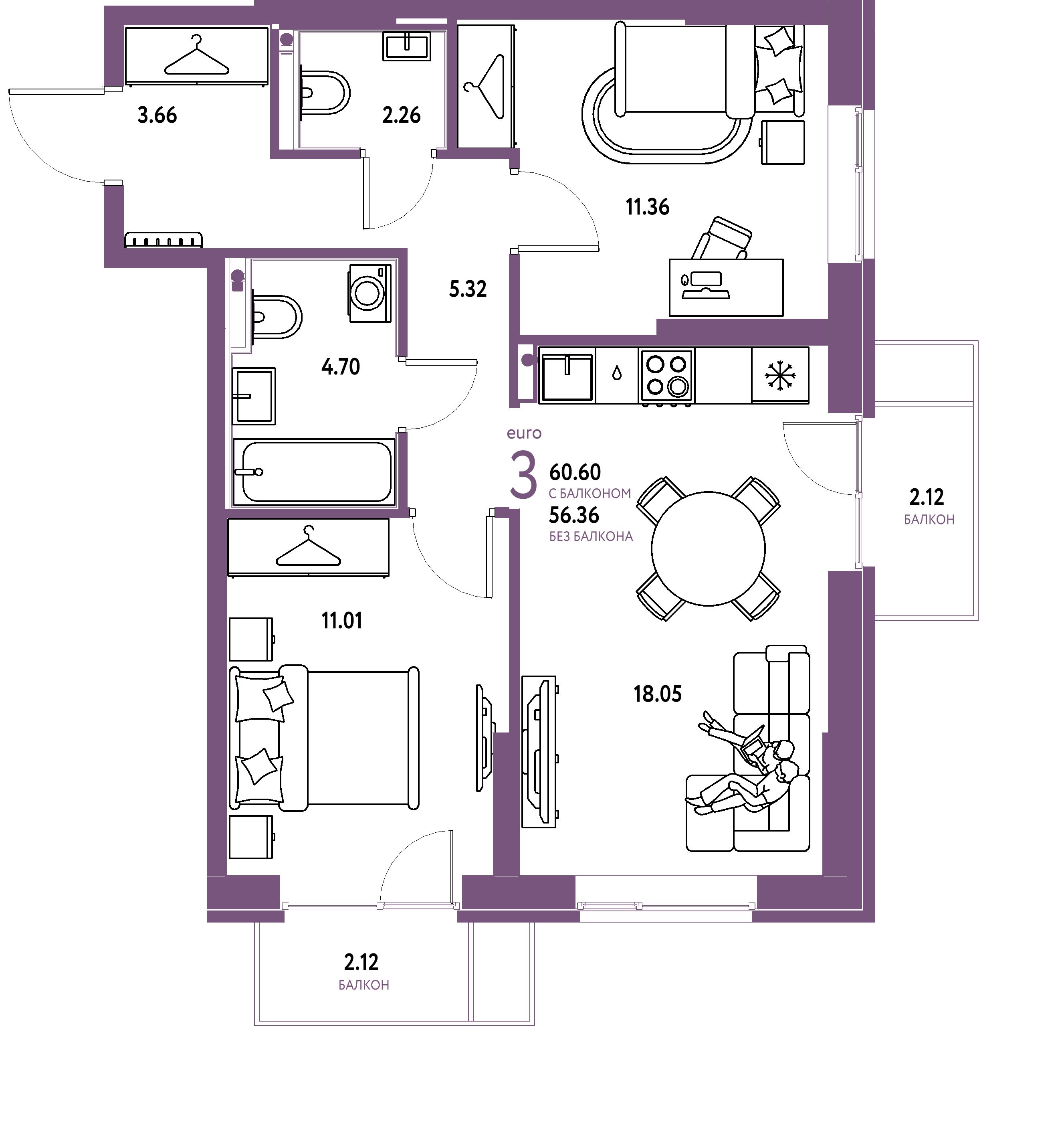Планировка: Евротрёшка 60,6 м² в ЖК «Европейский берег 2.0»