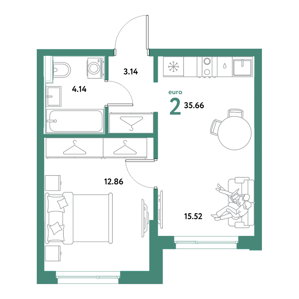 Планировка: Евродвушка 35,66 м²