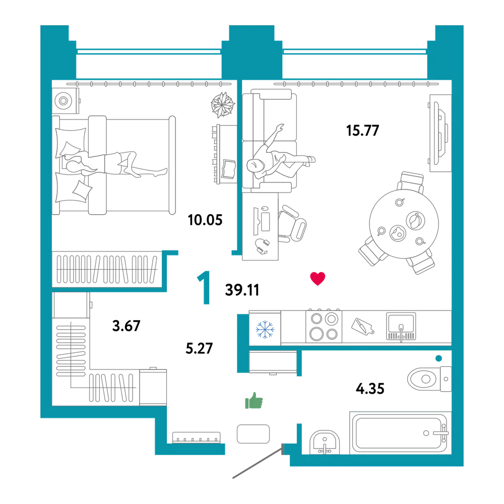 Планировка: 1-комнатная 39,11 м²