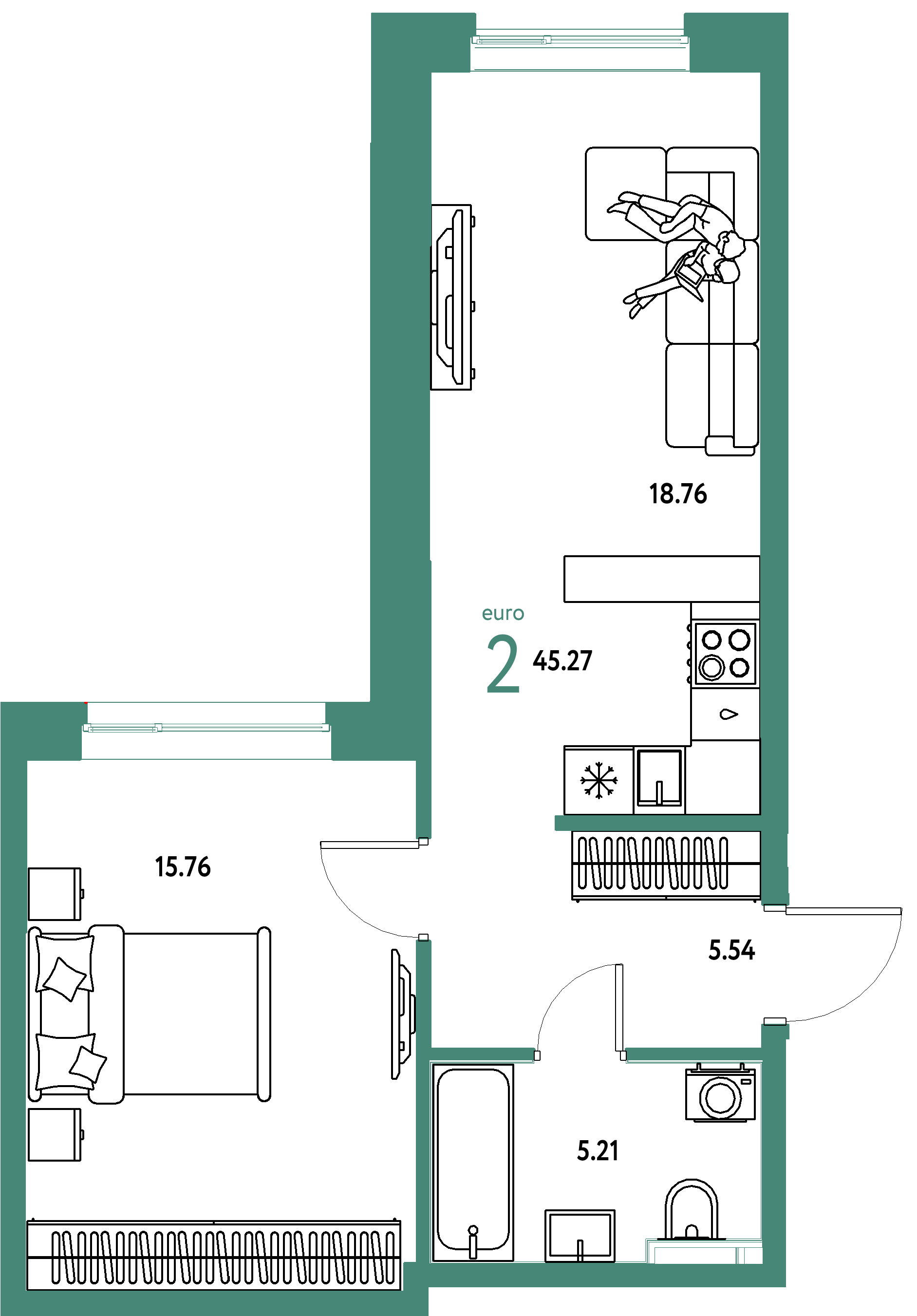 Планировка: Евродвушка 45,27 м² в ЖК «Остров-сад»