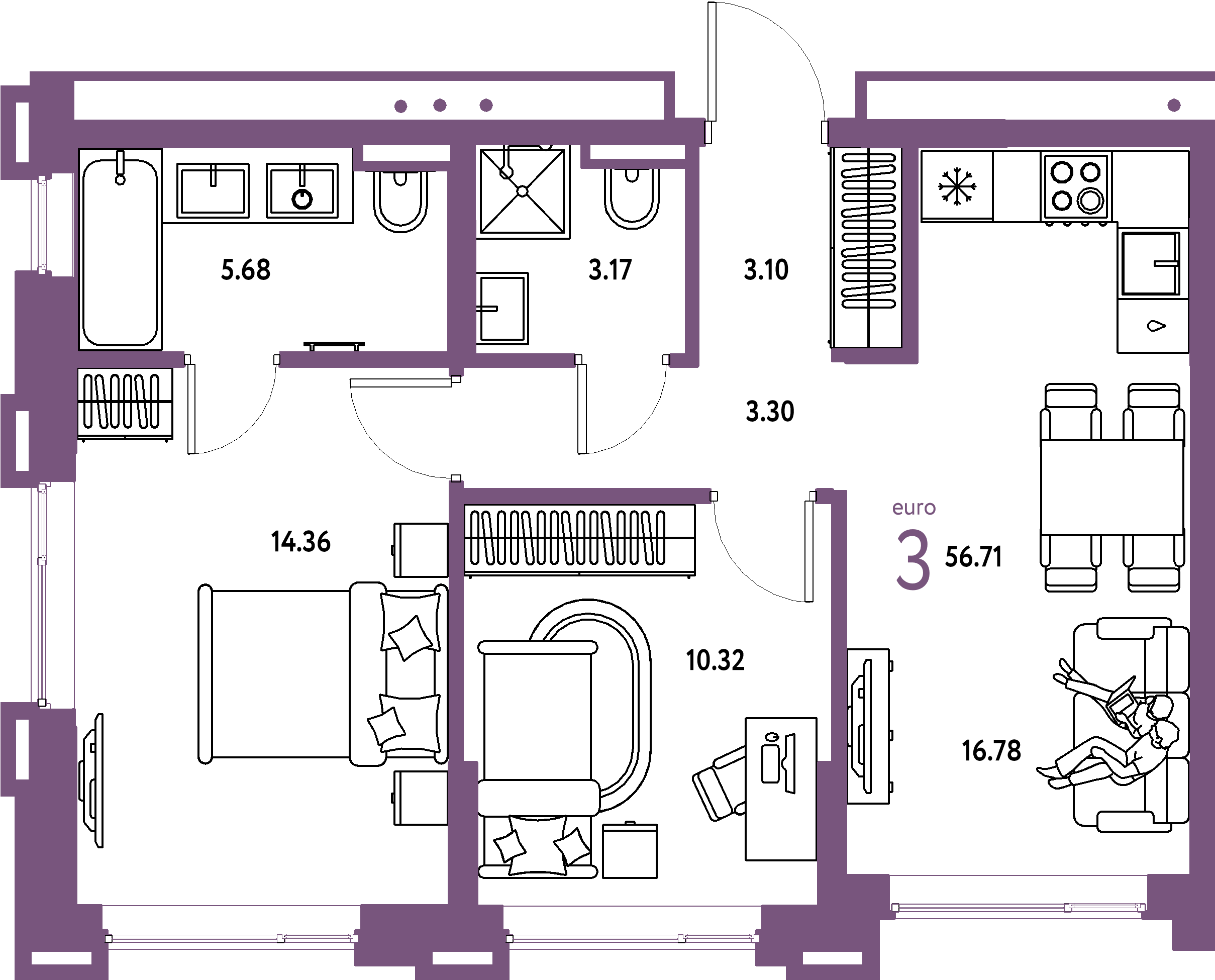 Планировка: Евротрёшка 56,71 м² в ЖК «Страна.Прибрежная»