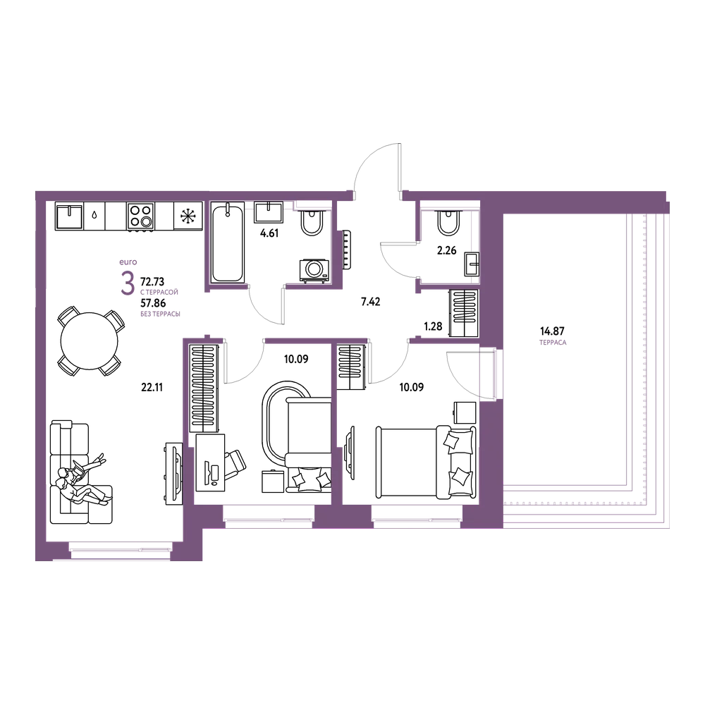Планировка: Евротрёшка 75,23 м²