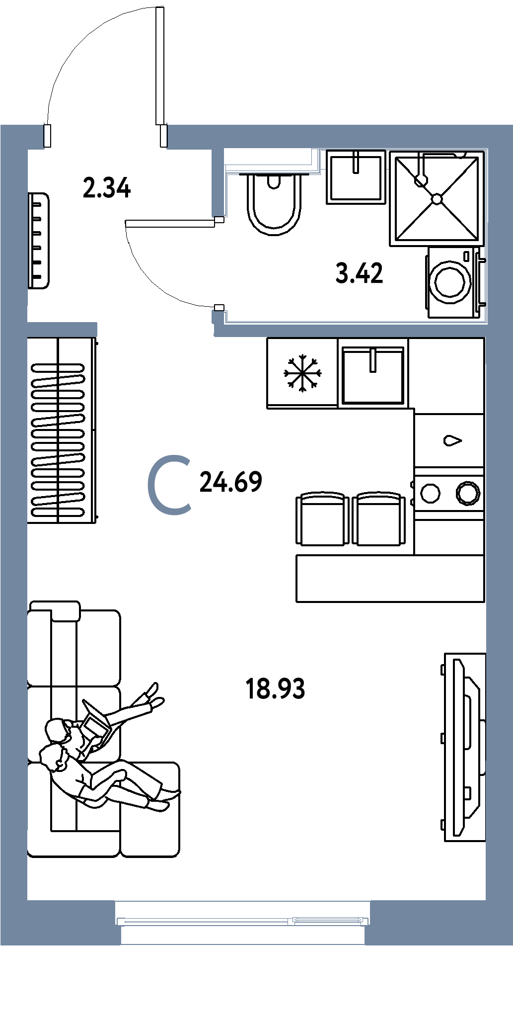 Планировка: Студия 24,69 м² в ЖК «Сердце Сибири»