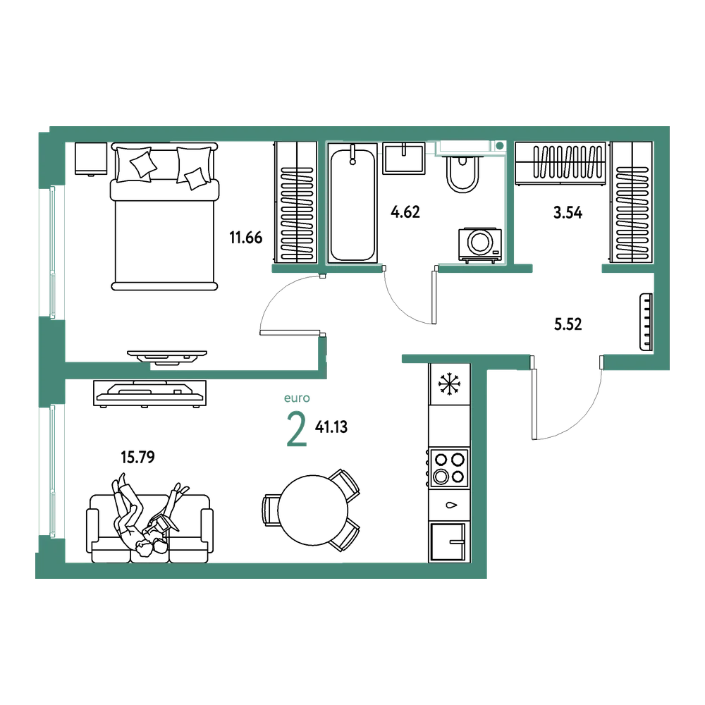Планировка: Евродвушка 41,13 м²