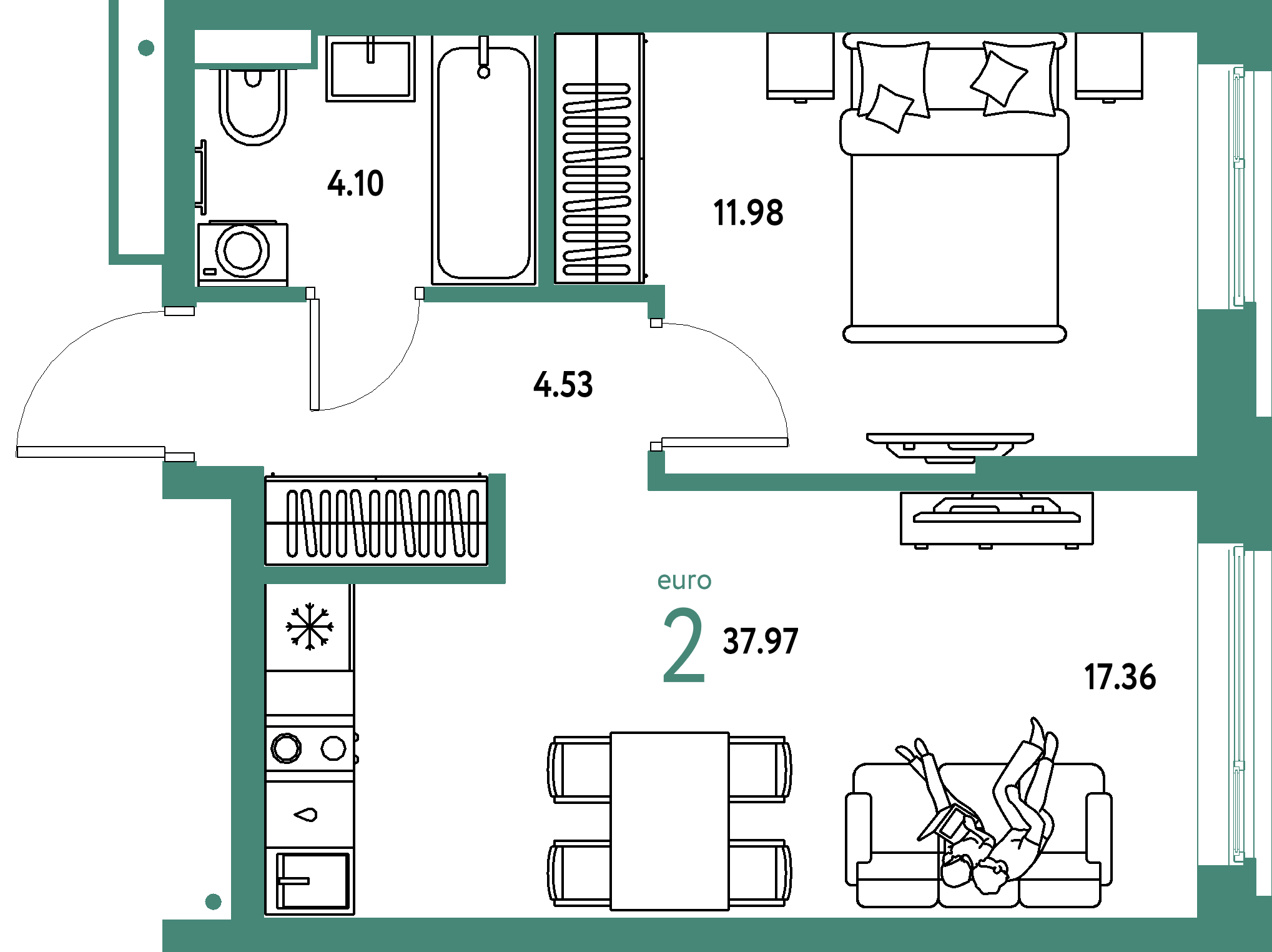 Планировка: Евродвушка 37,97 м² в ЖК «Авторский»