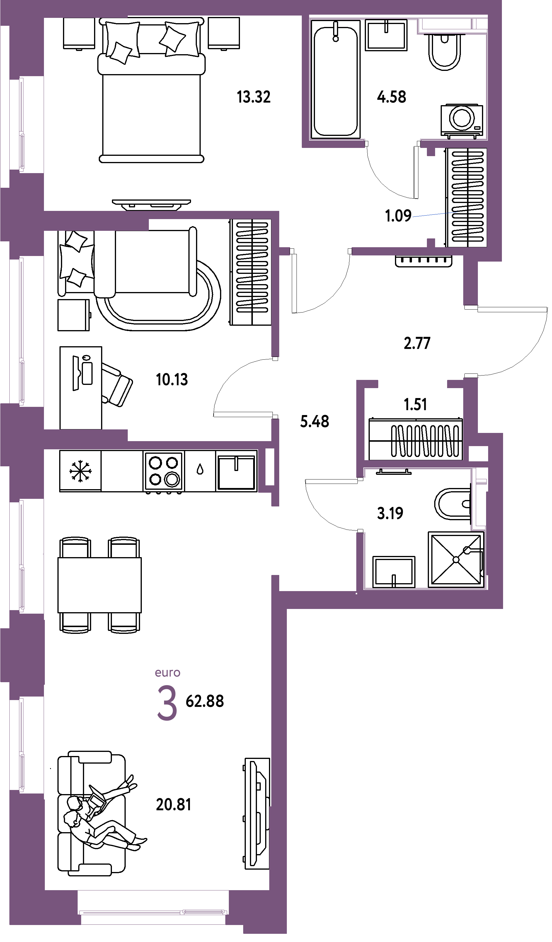 Планировка: Евротрёшка 62,88 м² в ЖК «Сердце Сибири»