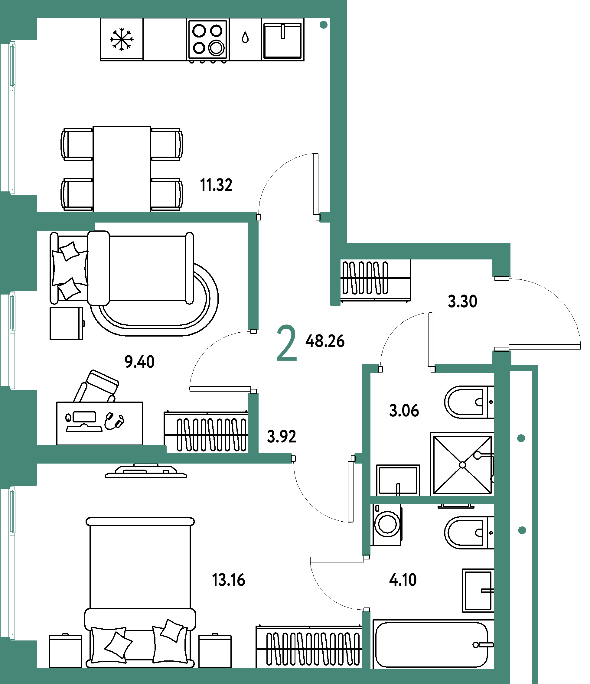 Планировка: 2-комнатная 48,26 м² в ЖК «Домашний»