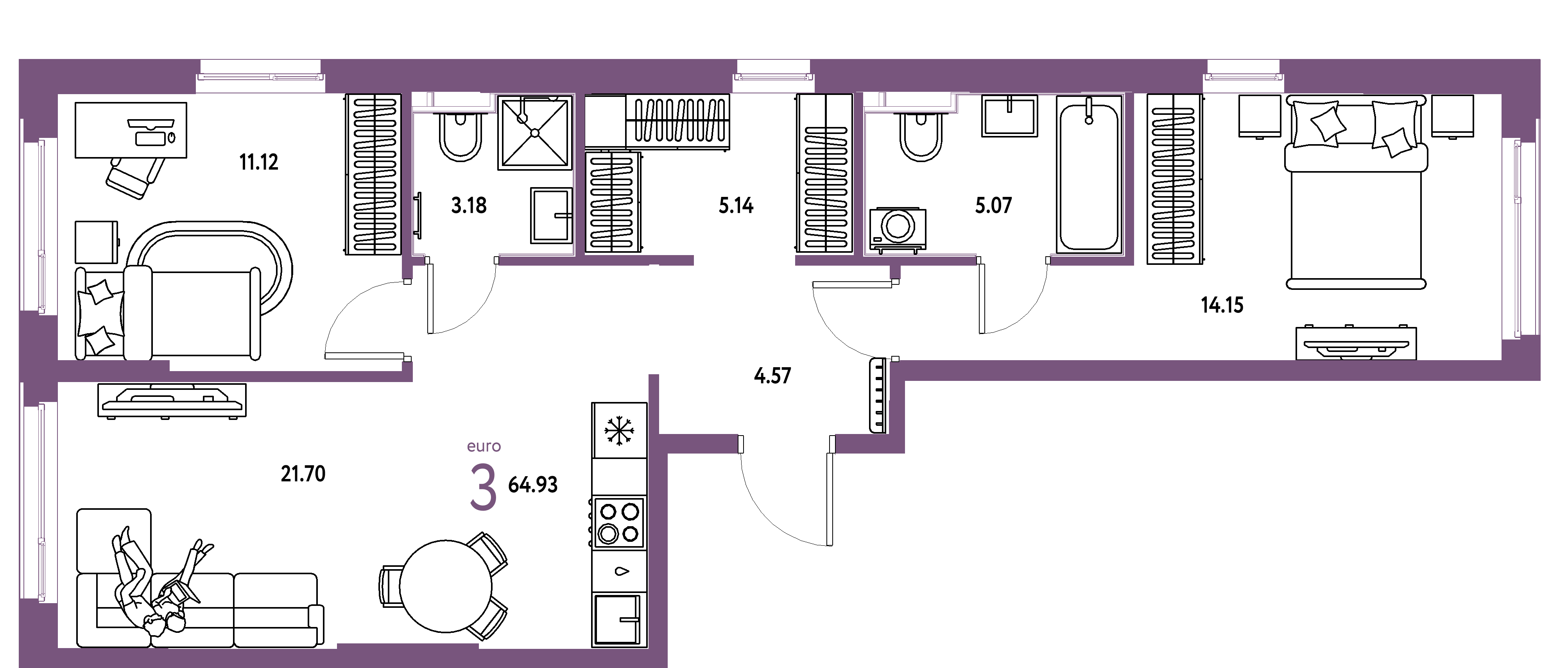 Планировка: Евротрёшка 64,93 м² в ЖК «Сердце Сибири»