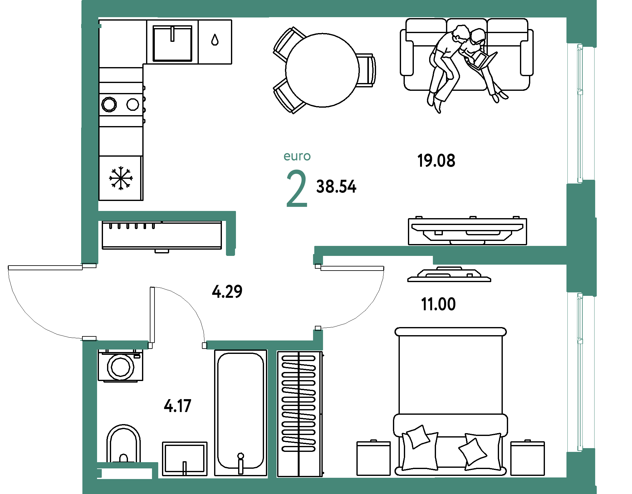 Планировка: Евродвушка 38,54 м² в ЖК «Остров-сад»