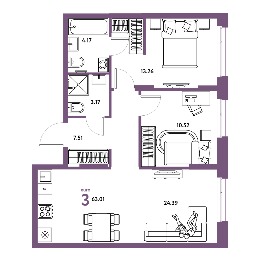 Планировка: Евротрёшка 63,01 м²