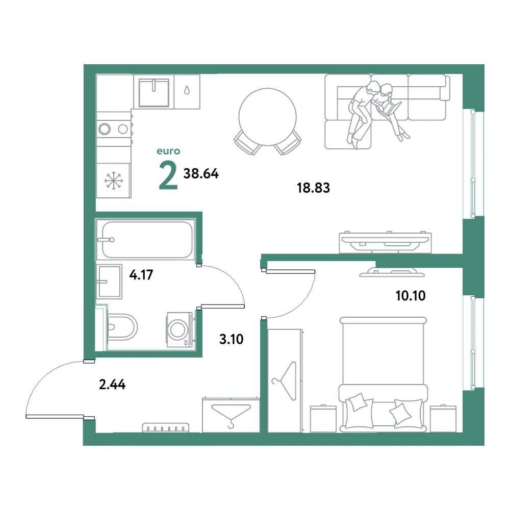 Планировка: Евродвушка 38,64 м²