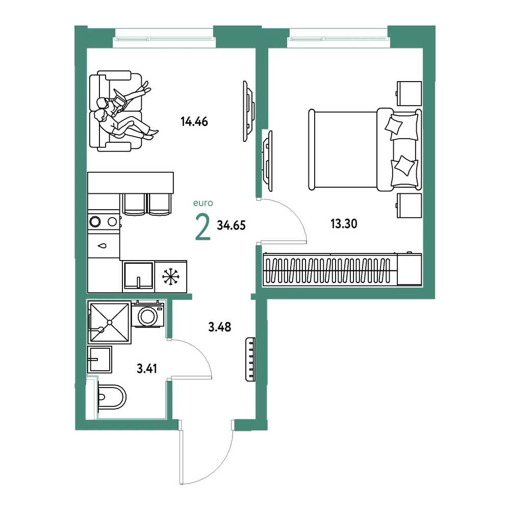 Планировка: Евродвушка 34,65 м²