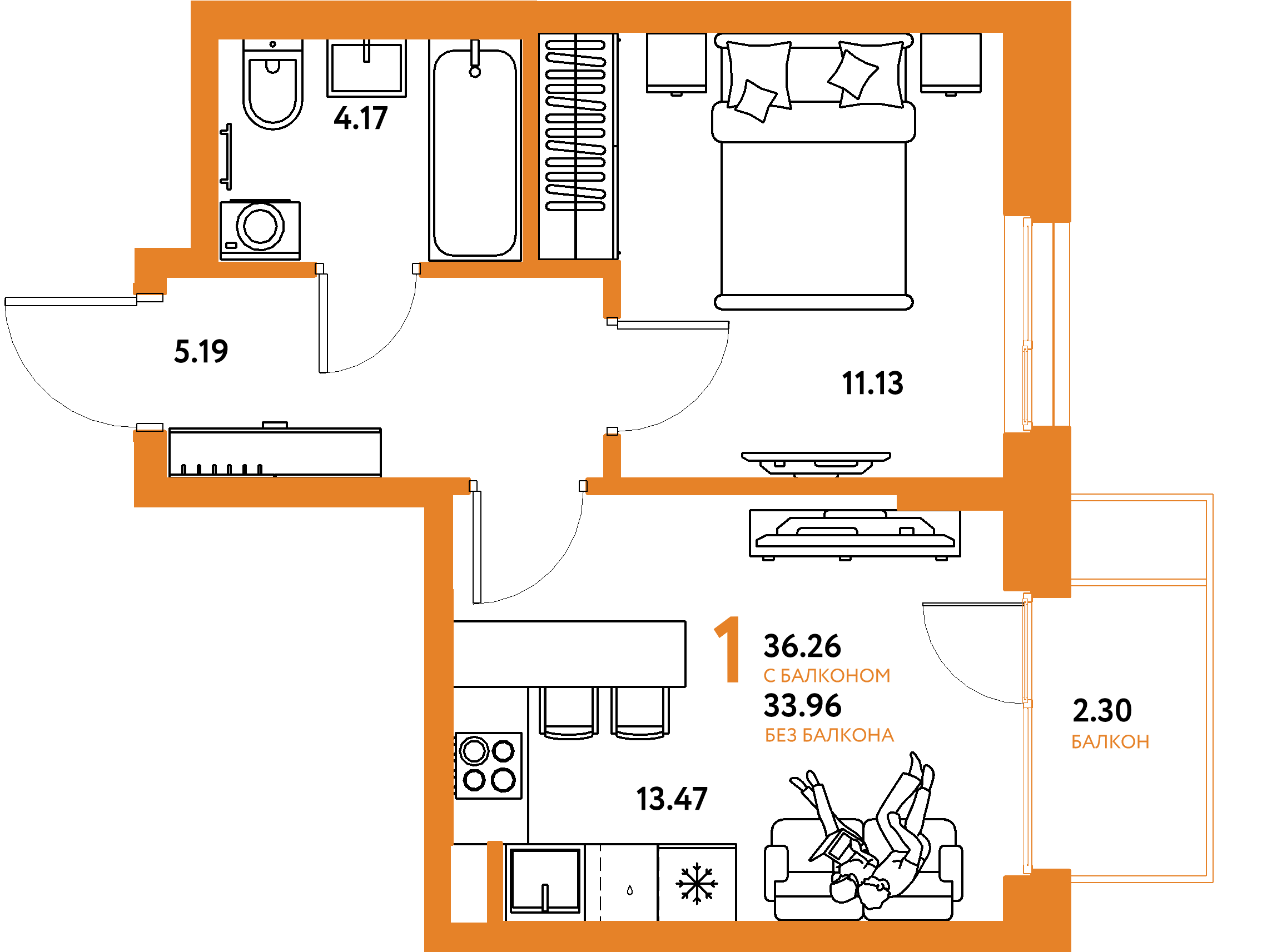 Планировка: 1-комнатная 36,26 м² в ЖК «Европейский берег 2.0»
