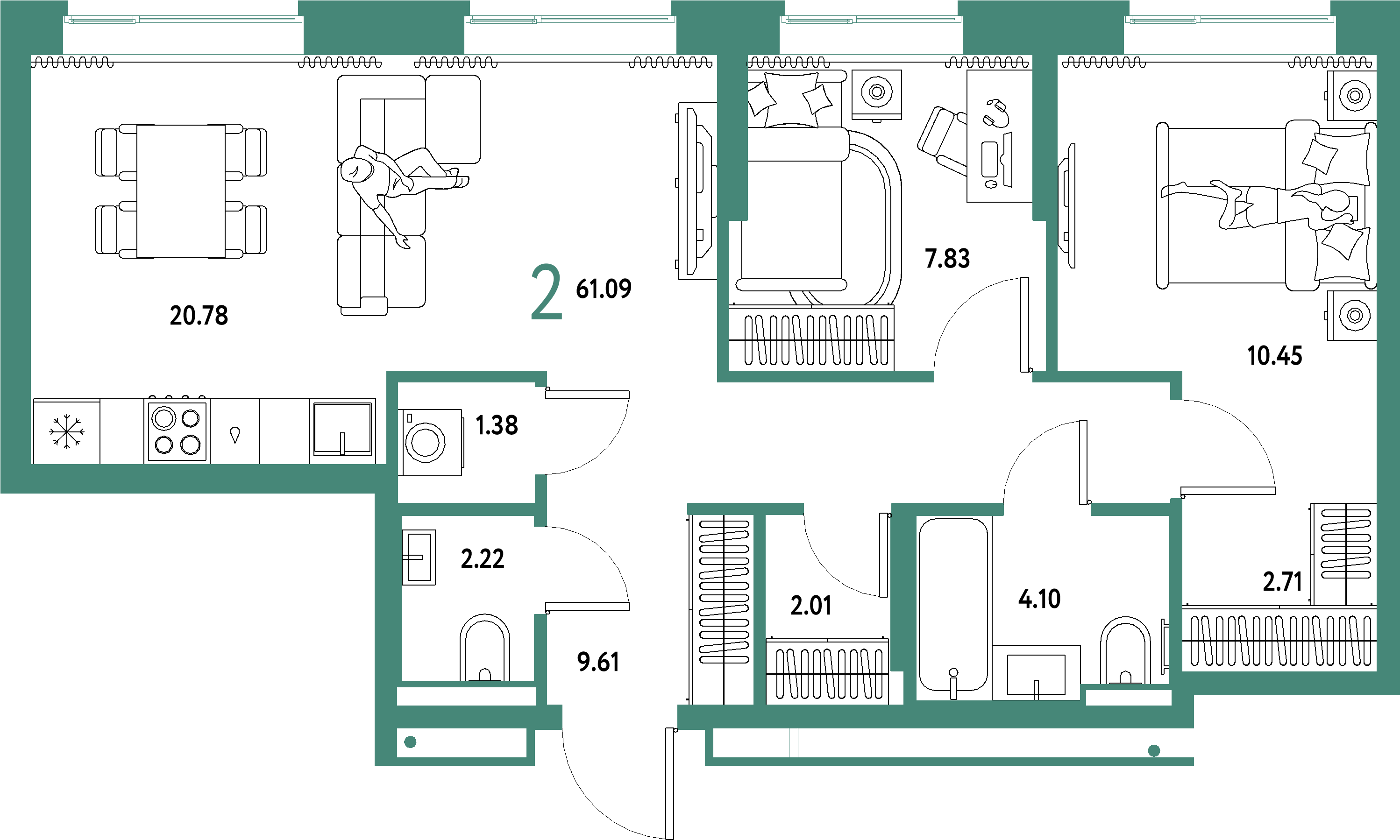 Планировка: Евротрёшка 61,09 м² в ЖК «Домашний»