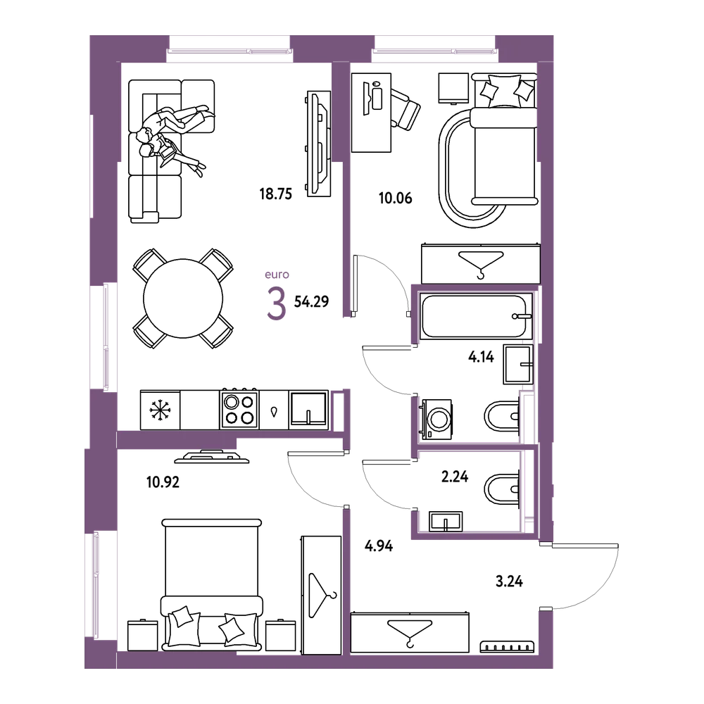 Планировка: Евротрёшка 54,31 м²