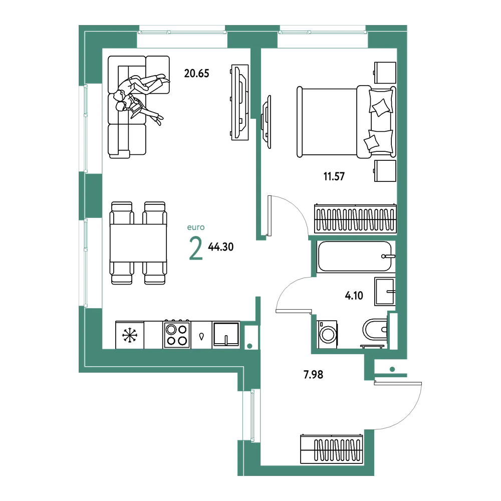 Планировка: Евродвушка 44,3 м²
