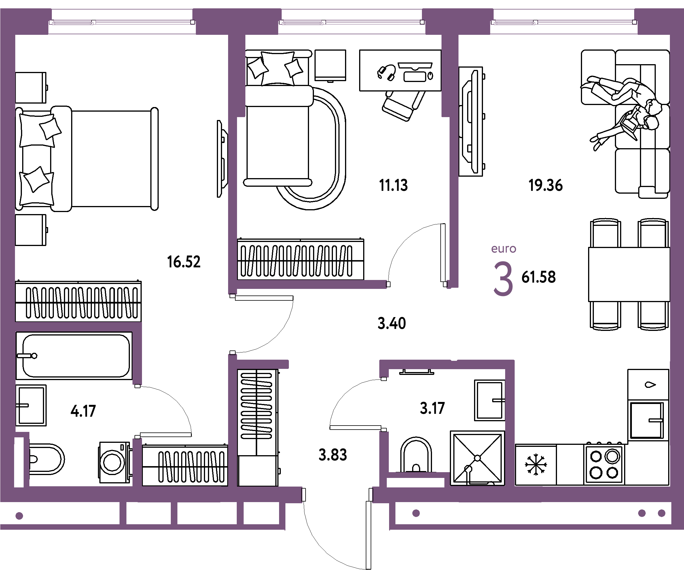 Планировка: Евротрёшка 61,58 м² в ЖК «Страна.Прибрежная»