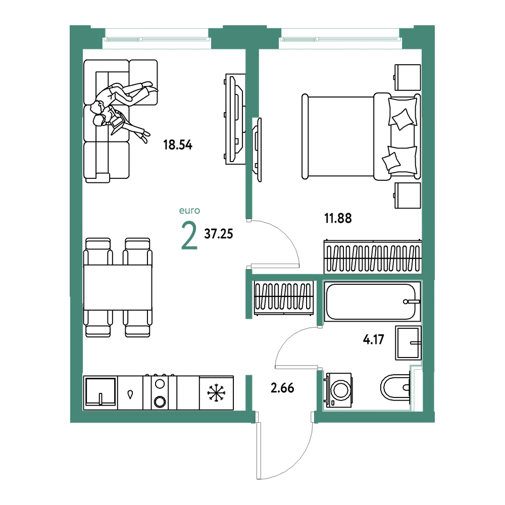 Планировка: Евродвушка 37,25 м²