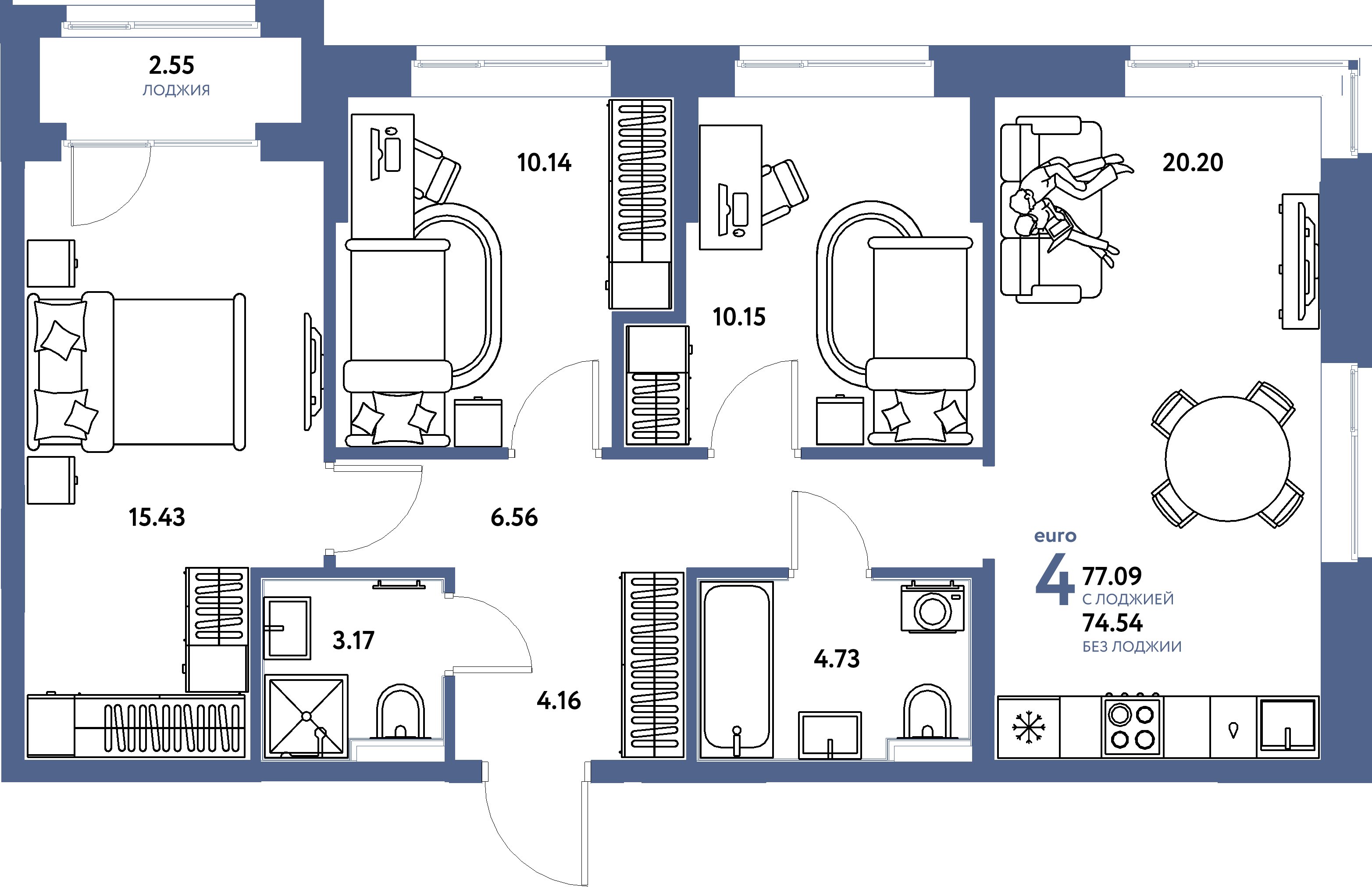 Планировка: Евро-4 77,09 м² в ЖК «Домашний»