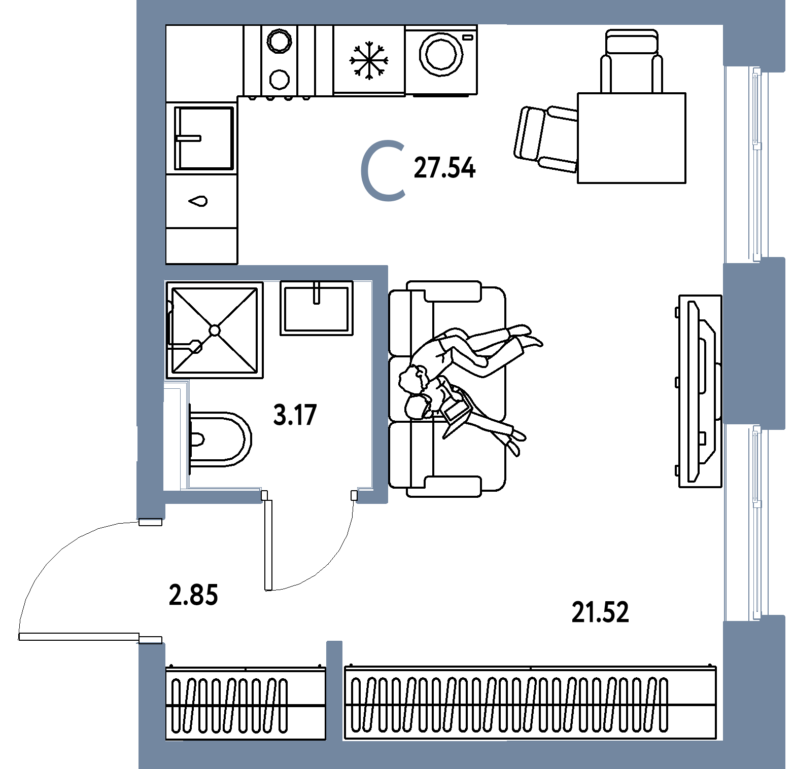 Планировка: Студия 27,54 м² в ЖК «Остров-сад»