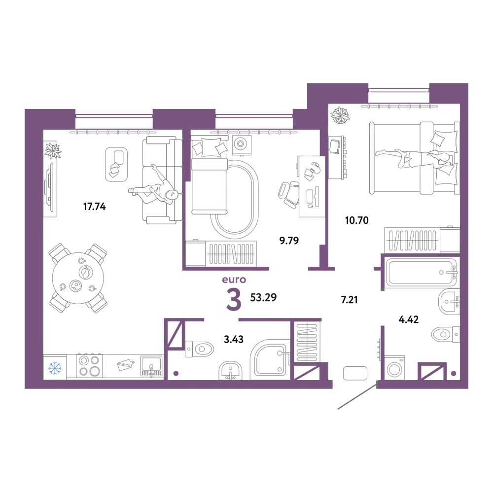 Планировка: Евротрёшка 53,29 м²