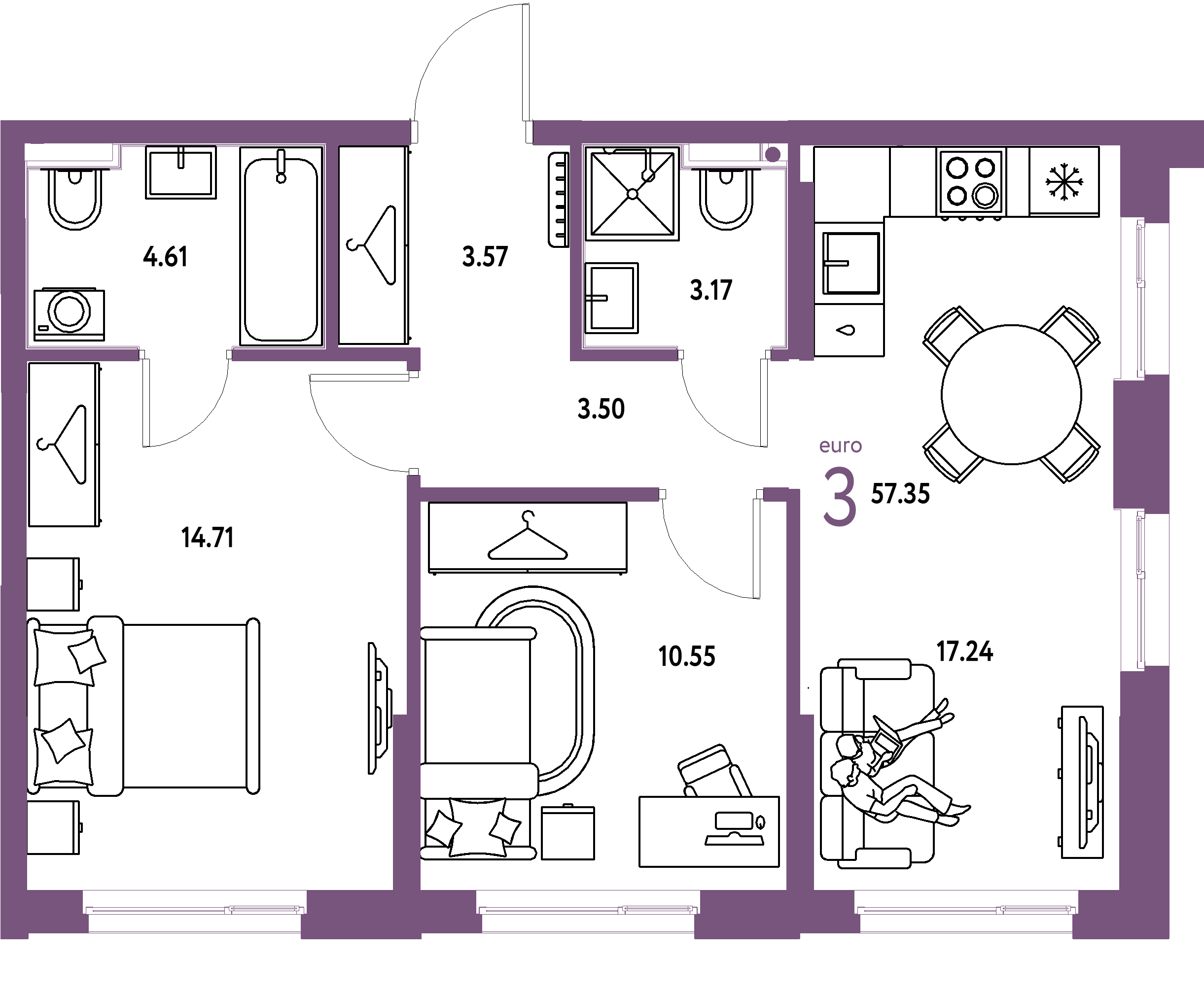 Планировка: Евротрёшка 57,35 м² в ЖК «Европейский берег 2.0»